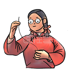 图怪兽原创元素搞怪复古女孩穿针引线表情包插画元素