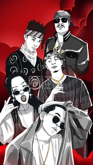 图怪兽原创元素手绘黑白人物嘻哈潮人新说唱