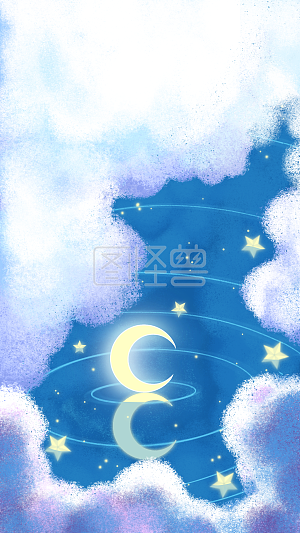 图怪兽原创元素梦幻卡通蓝色月亮湖水唯美星星手机壁纸背景
