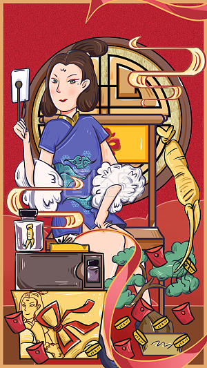 手绘复古国潮直播带货的旗袍装女主播详情图怪兽原创元素卡通风