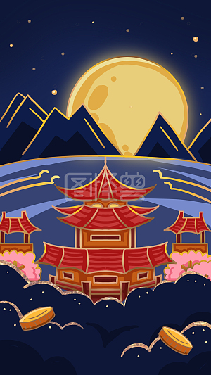 手绘金边中秋节寺庙上的明月