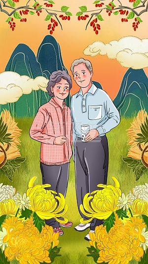 图怪兽原创元素 卡通 温馨 重阳节 老人 登高望远 菊花 茱萸元素