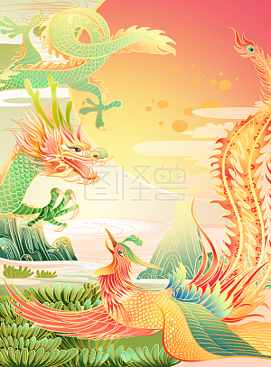 国潮风    新中式风  背景   印刷海报    龙凤      金龙    凤凰
