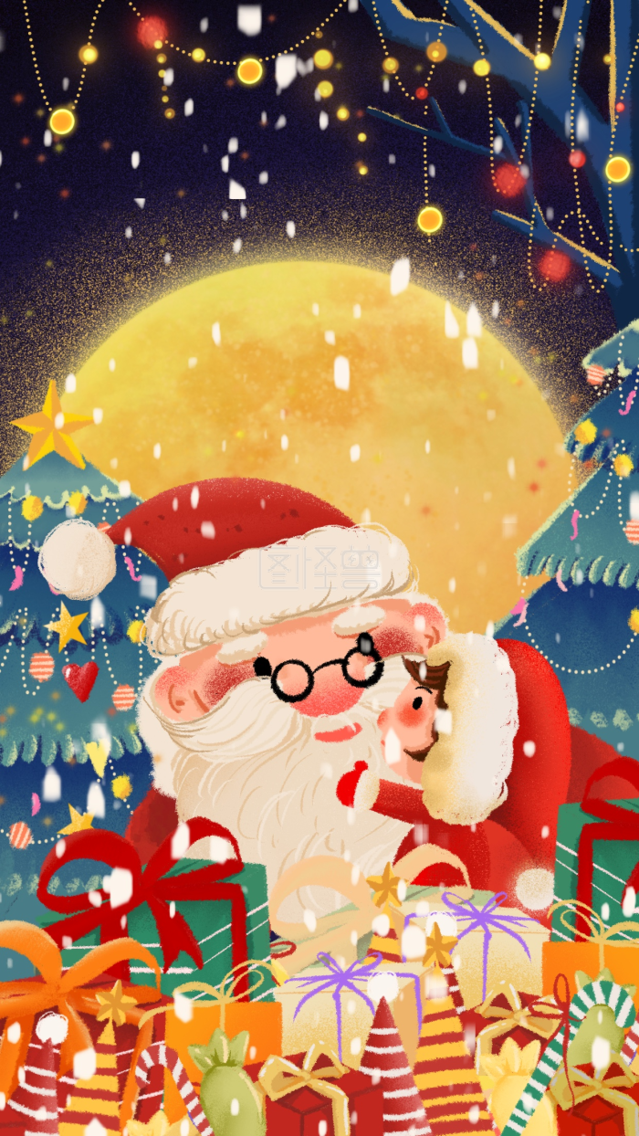 图怪兽原创元素卡通质感圣诞节圣诞老人圣诞树礼物星空元素-背景素材图片-图怪兽