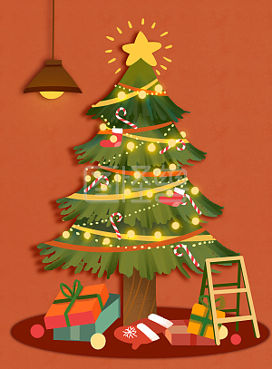 图怪兽原创元素扁平圣诞节剪纸圣诞树背景