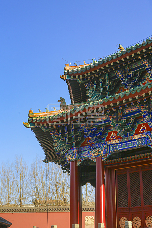 中国风建筑详情图怪兽原创元素北京故宫宫墙红砖绿瓦复古建筑