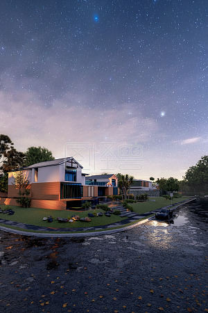 图怪兽原创元素星空下的别墅渲染图