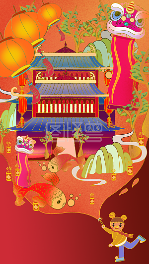 图怪兽原创元素古风古建筑除夕夜鞭炮插画元素