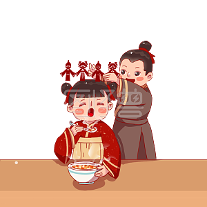 图怪兽原创元素古风卡通年俗人物大年初七戴人胜吃七宝羹