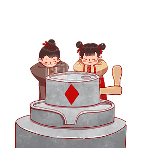 图怪兽原创元素古风卡通年俗人物大年初十拜石头