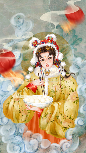 元宵节古风复古汉服美食汤圆美女节日祥云