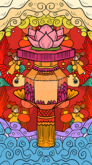 图怪兽原创元素国潮元宵节花灯插画元素