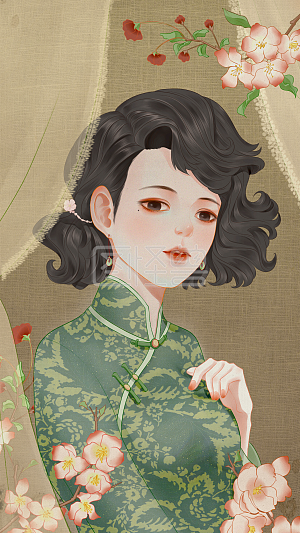图怪兽原创元素人物美女民国风旗袍花