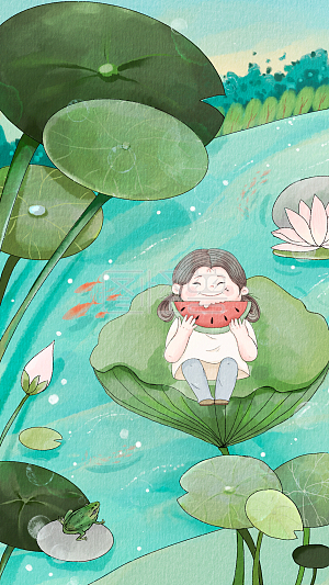 图怪兽原创背景立夏吃西瓜卡通水粉插画
