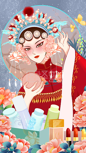 图怪兽原创元素国潮风京剧花旦美妆国货购物节618双十一背景插画元素