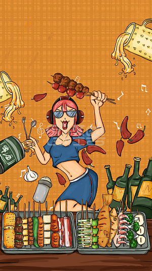 图怪兽原创元素 宣传橙色夏季烧烤啤酒美食女生卡通