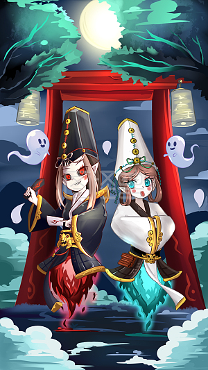 图怪兽原创素材 梦幻 卡通 中元节 青 无常黑白