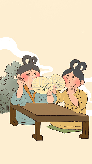 卡通 中国风 节日 七夕节 爱情 喜鹊 桃花运 七夕 对月穿针