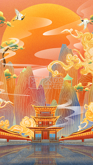 橙色国风建筑山峦云纹节日节气秋分祝福详情图怪兽原创元素古风