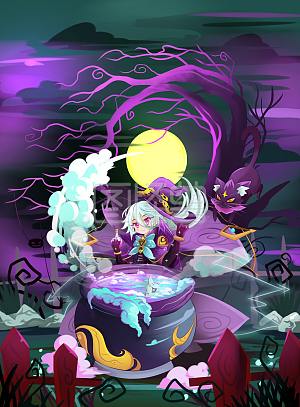 图怪兽原创元素 梦幻 卡通 万圣节 紫 魔女的炼药炉