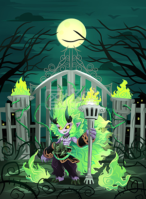 图怪兽原创元素 梦幻 卡通 万圣节 绿 鬼火小恶魔的荆棘门