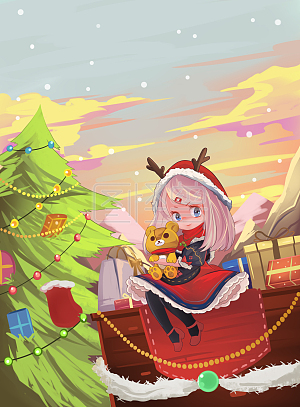 图怪兽原创元素 梦幻 卡通 圣诞节 红 小女孩与缤纷礼物