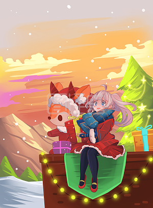 图怪兽原创元素 梦幻 卡通 圣诞节 红 小女孩与麋鹿玩偶