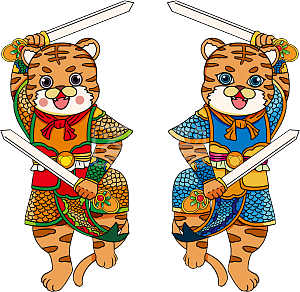 图怪兽原创元素 虎年 门神 手绘 中国风 蓝色 黄色 卡通 可爱 老虎