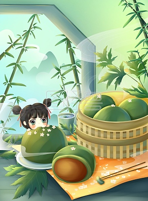 图怪兽原创元素节日清明清明节绿色青团人物可爱清新卡通活动宣传psd