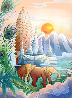 psd插画模板云南旅游西双版纳玉龙雪山白塔大象孔雀