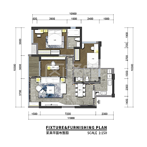 彩色室内三房两厅平面图