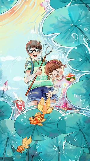 手机海报夏至节日节气荷叶父女捞鱼玩耍插画海报