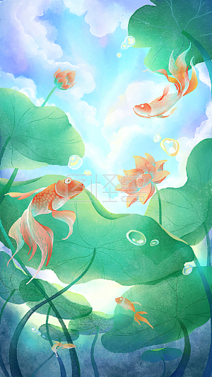 小暑大暑节气海报金鱼荷叶荷花池塘白云天空