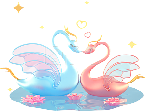 3d立体卡通创意七夕节两只天鹅亲吻元素