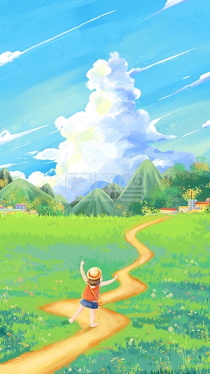 图怪兽原创元素夏季早晨云晴天早安云质感人物祝福蓝色活动宣传手机