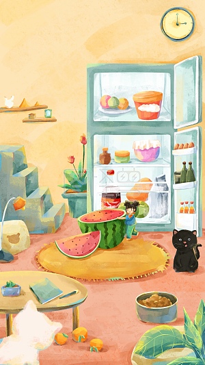 图怪兽原创元素夏季节日节气冰箱西瓜卡通水彩质感祝福黄色粉色活动