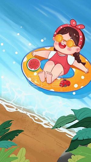 图怪兽原创元素夏天大暑夏日海边游泳渡假炎热小女孩
