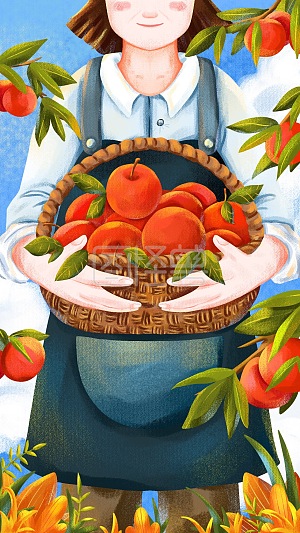 节日立秋节气秋季秋分秋收苹果人物可爱质感祝福活动宣传手机海报插画