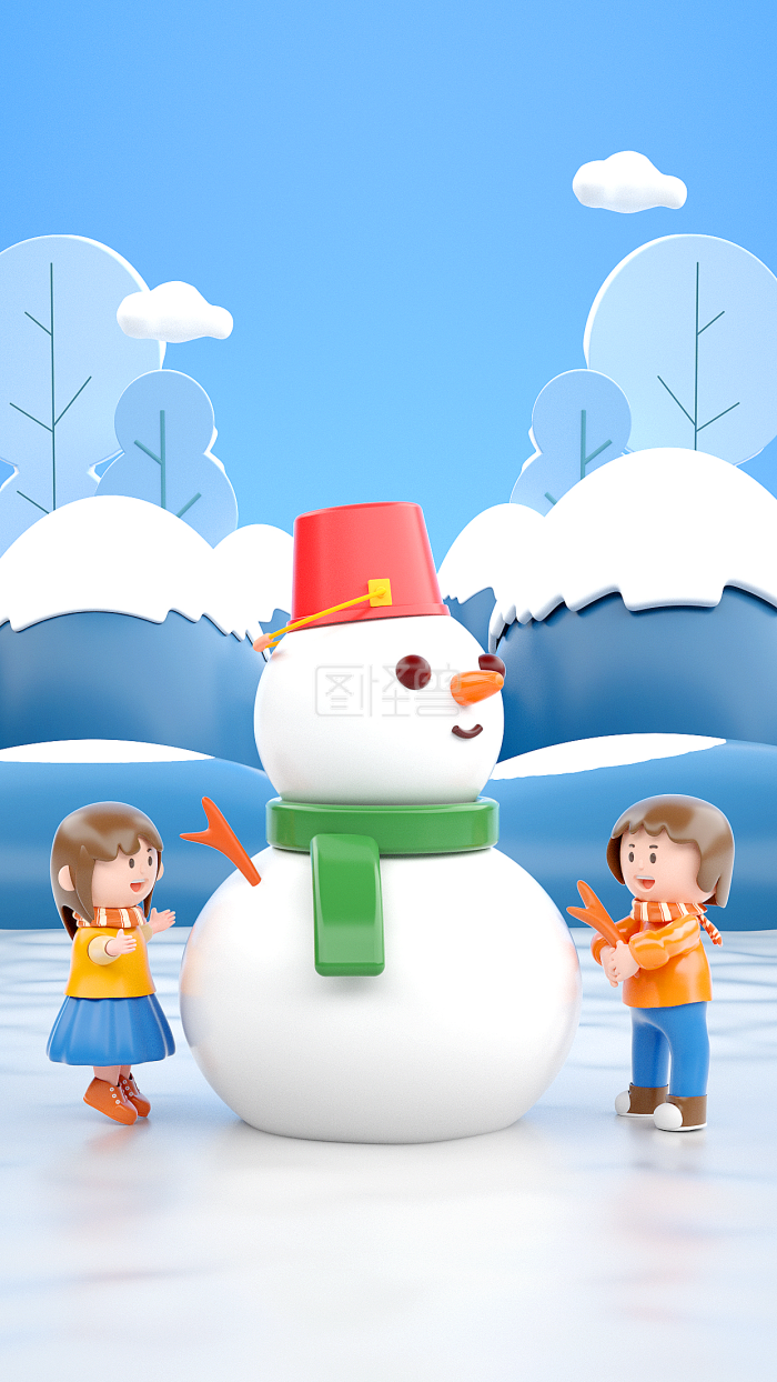原创C4D蓝色简约风冬天堆雪人大寒冬至3D背景-背景素材图片-图怪兽