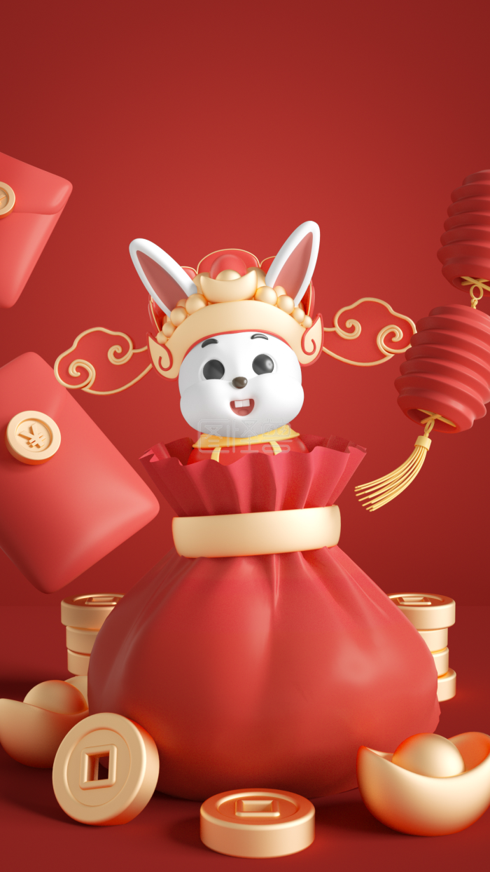 图怪兽原创元素C4D立体红色卡通兔年兔子福袋海报背景-背景素材图片-图怪兽