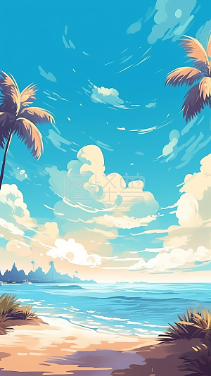 沙滩卡通背景图片-沙滩卡通素材设计-图怪兽
