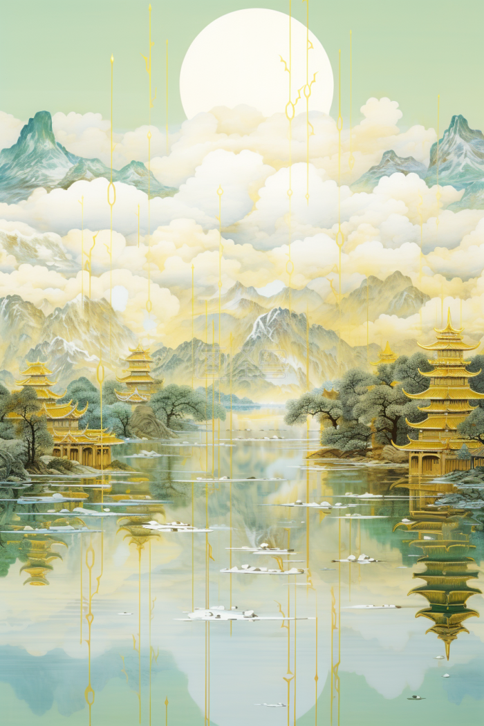 国风建筑山水插画合集-背景素材图片-图怪兽