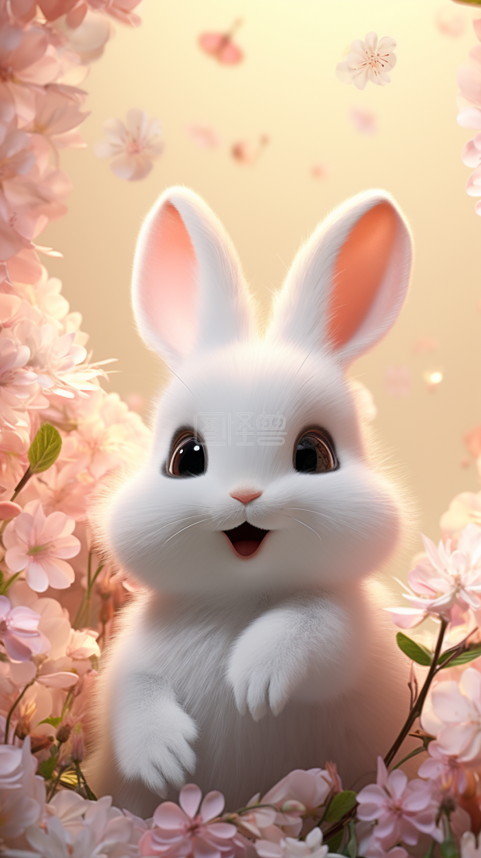 花丛中白色可爱兔子3d背景