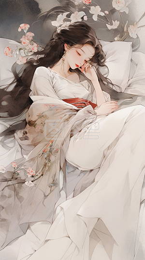 躺着的国风唯美女子插画