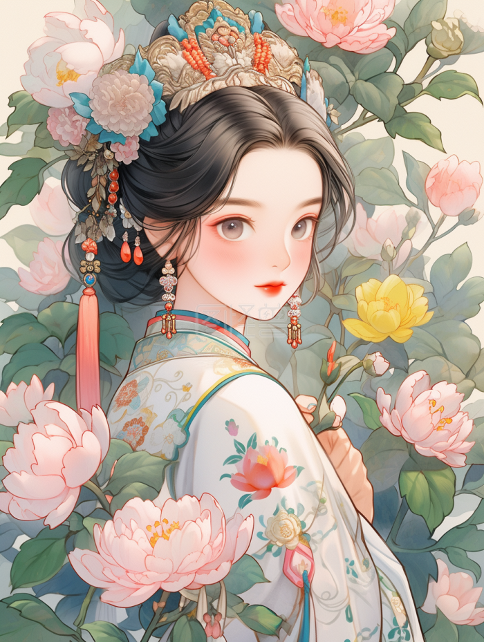 卡通花丛中穿着漂亮中国古代服饰的女孩-背景素材图片-图怪兽