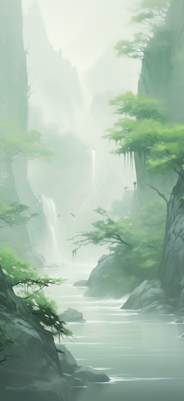 云雾缭绕的山川插画-背景素材图片-图怪兽