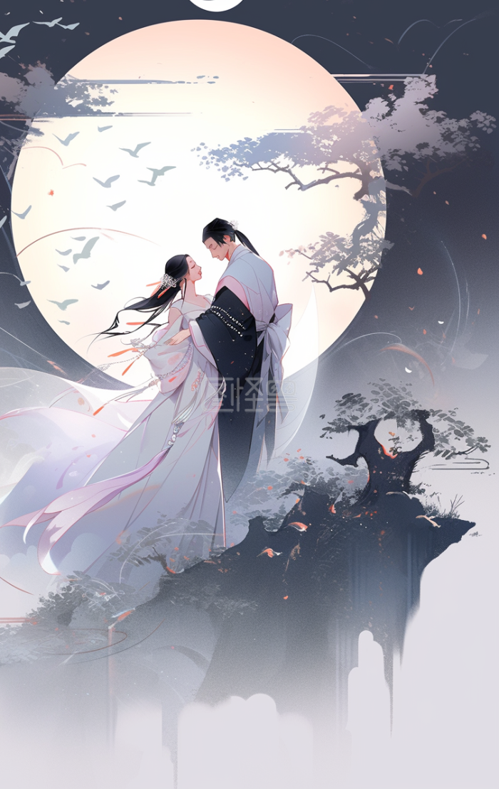 手绘国风情侣插画-背景素材图片-图怪兽