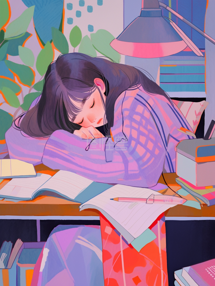坐在书桌前学习的卡通女生插画-背景素材图片-图怪兽