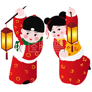 元宵节金童玉女赏花灯矢量图