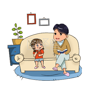 手绘卡通爸爸给女儿讲故事